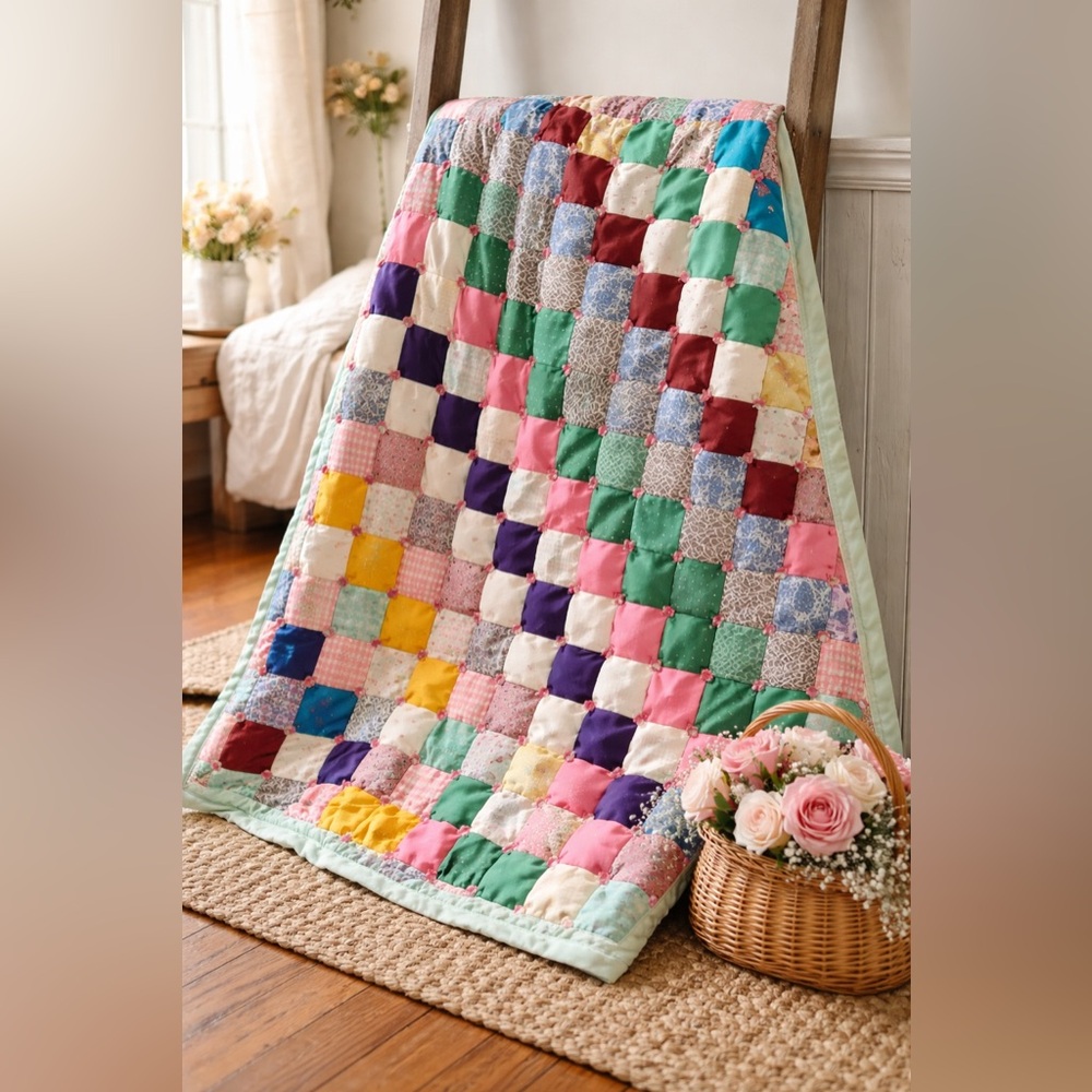 Vintage Puff Patchwork Biscuit Quilt One Of A Kind collectible 48”x63”